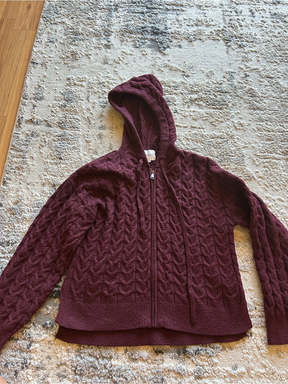 Hooded Cable Knit Zip Cardigan - Deep Wine